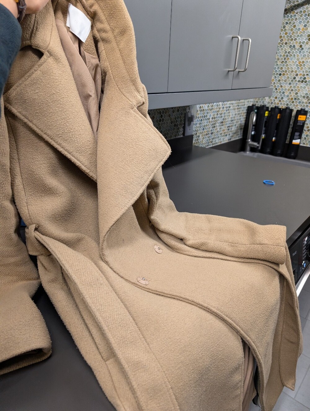Womens Camel Wool-Blend Wrap Coat